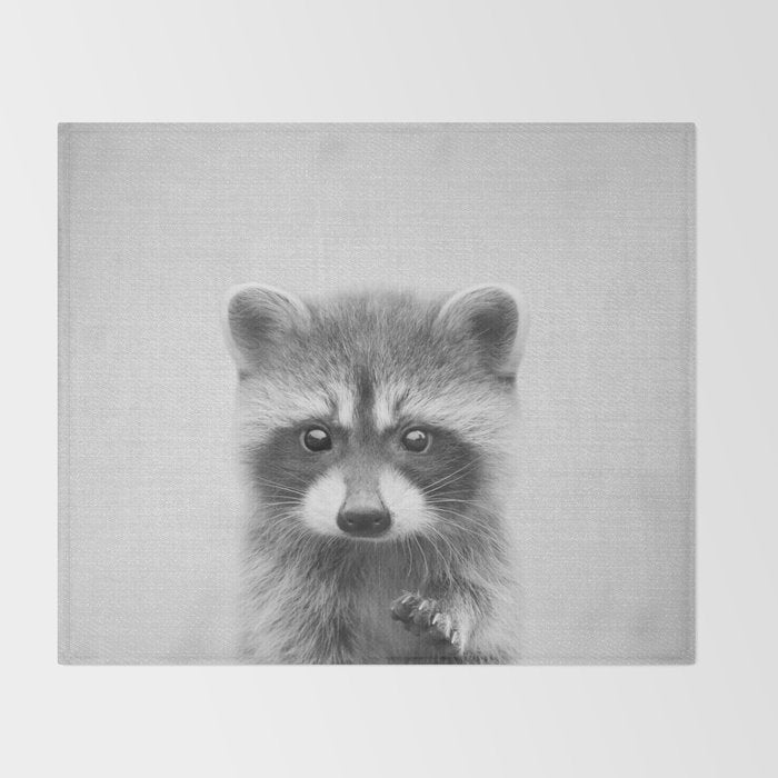 Raccoon - Black & White Throw Blanket Gallery Image 2