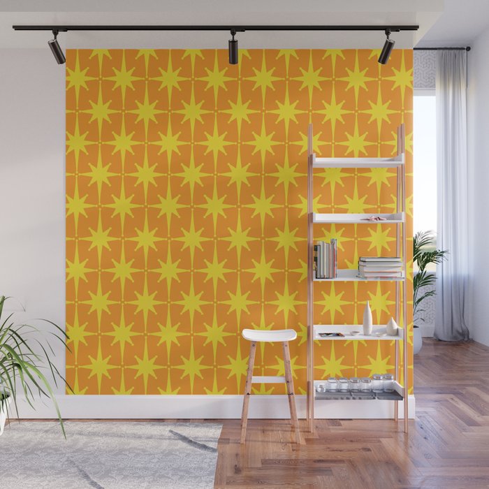 Mid Century Modern Atomic Age Starburst Pattern in Retro Orange and Yellow Wall Mural Gallery Image 1