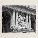 New York Public Library Lion and Facade New York City black and white photograph Jigsaw Puzzle Gallery Image 1