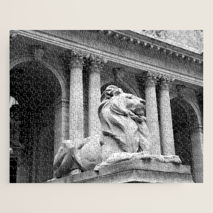 New York Public Library Lion and Facade New York City black and white photograph Jigsaw Puzzle Gallery Image 1