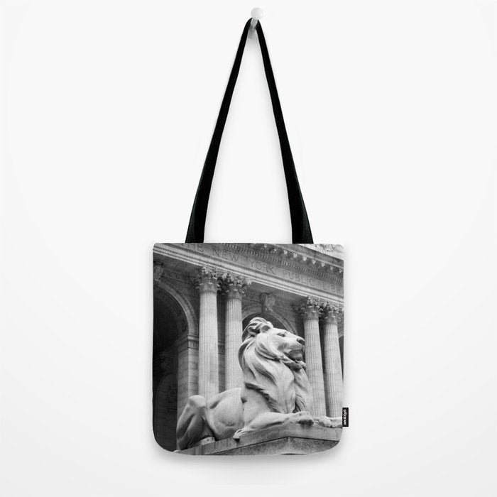 New York Public Library Lion and Facade New York City black and white photograph Tote Bag Gallery Image 2