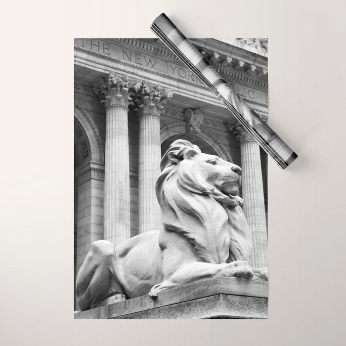 New York Public Library Lion and Facade New York City black and white photograph Wrapping Paper Gallery Image 1