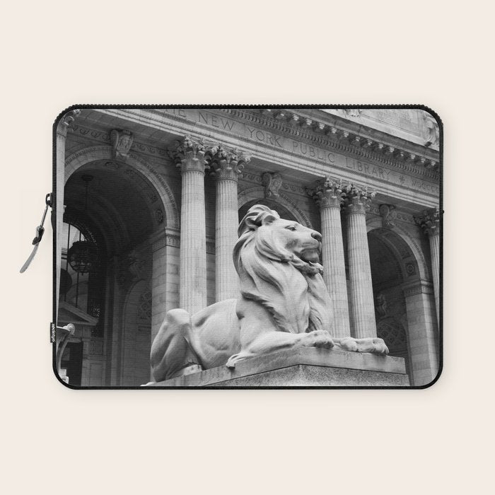 New York Public Library Lion and Facade New York City black and white photograph Laptop Sleeve Gallery Image 1