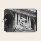 New York Public Library Lion and Facade New York City black and white photograph Laptop Sleeve Gallery Image 1