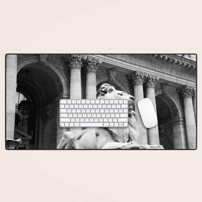 New York Public Library Lion and Facade New York City black and white photograph Desk Mat Gallery Image 1
