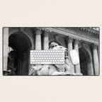 New York Public Library Lion and Facade New York City black and white photograph Desk Mat Gallery Image 1