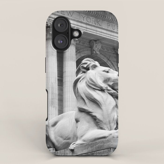 New York Public Library Lion and Facade New York City black and white photograph iPhone Case Gallery Image 1