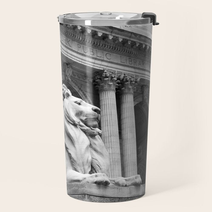 New York Public Library Lion and Facade New York City black and white photograph Travel Mug Gallery Image 2