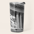 New York Public Library Lion and Facade New York City black and white photograph Travel Mug Gallery Image 2