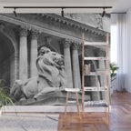 New York Public Library Lion and Facade New York City black and white photograph Wall Mural Gallery Image 1