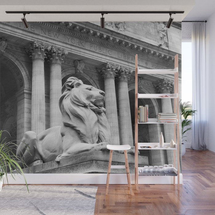 New York Public Library Lion and Facade New York City black and white photograph Wall Mural Gallery Image 1