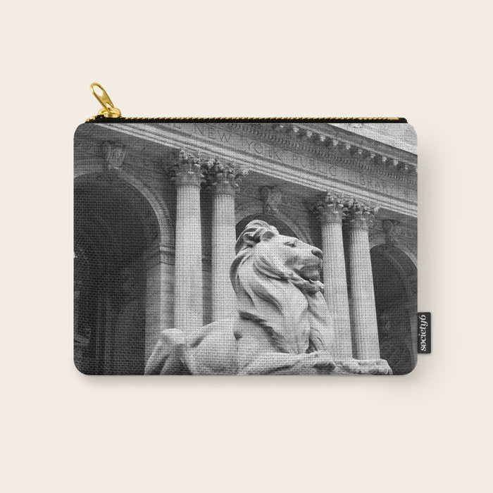 New York Public Library Lion and Facade New York City black and white photograph Carry All Pouch Gallery Image 1