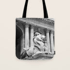 New York Public Library Lion and Facade New York City black and white photograph Tote Bag Gallery Image 1