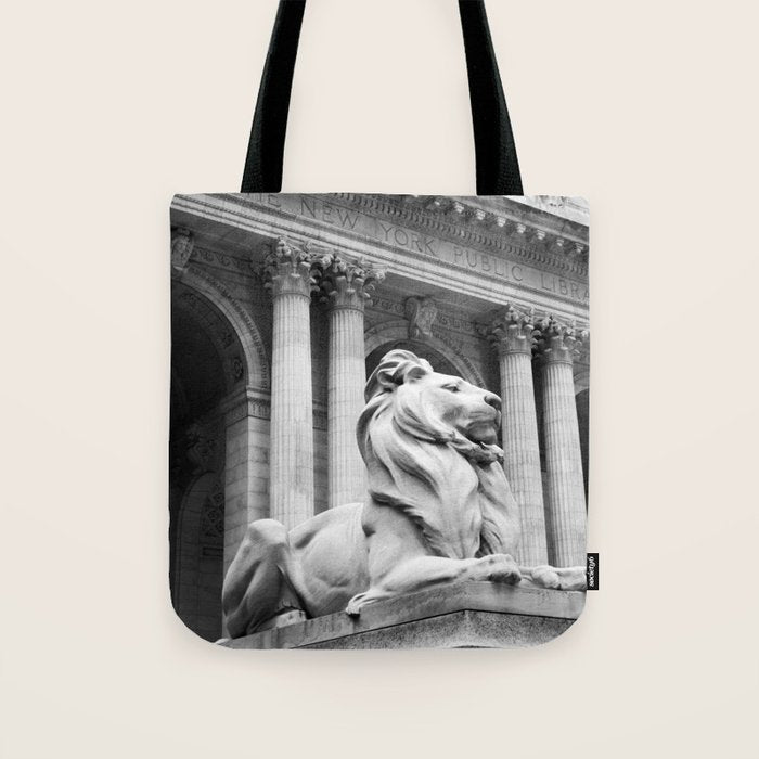 New York Public Library Lion and Facade New York City black and white photograph Tote Bag Gallery Image 1