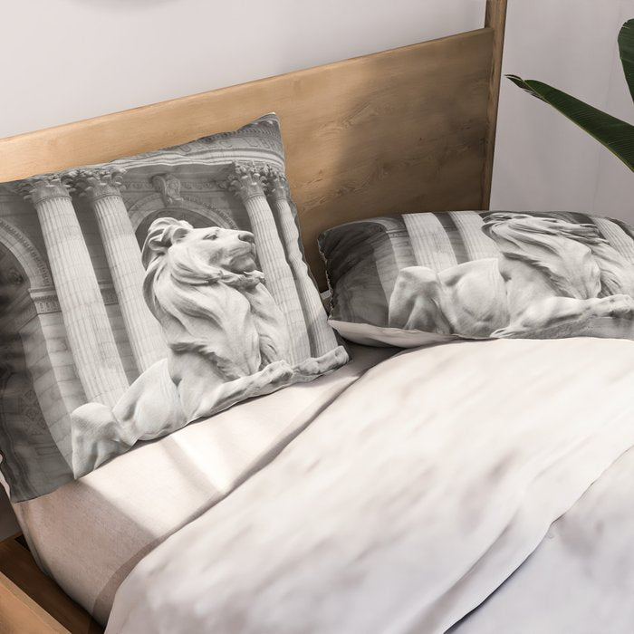New York Public Library Lion and Facade New York City black and white photograph Pillow Sham Gallery Image 2