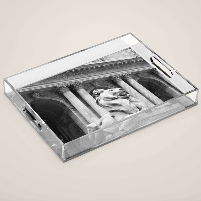 New York Public Library Lion and Facade New York City black and white photograph Acrylic Tray Gallery Image 1