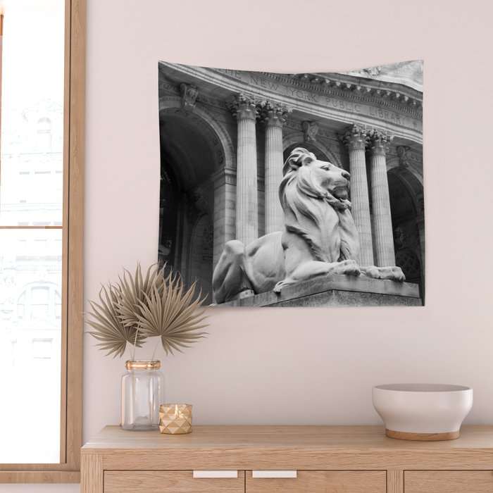 New York Public Library Lion and Facade New York City black and white photograph Wall Tapestry Gallery Image 2