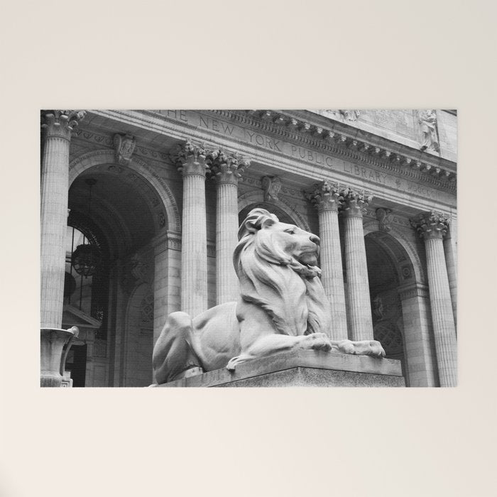 New York Public Library Lion and Facade New York City black and white photograph Welcome Mat Gallery Image 1