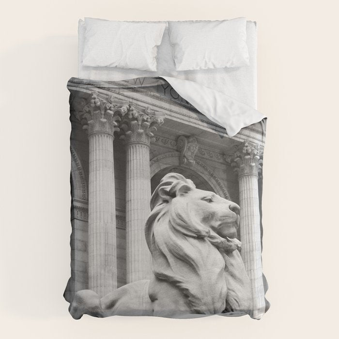 New York Public Library Lion and Facade New York City black and white photograph Duvet Cover Gallery Image 1