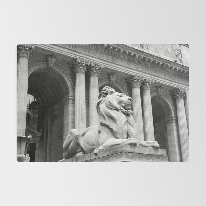New York Public Library Lion and Facade New York City black and white photograph Rug Gallery Image 2