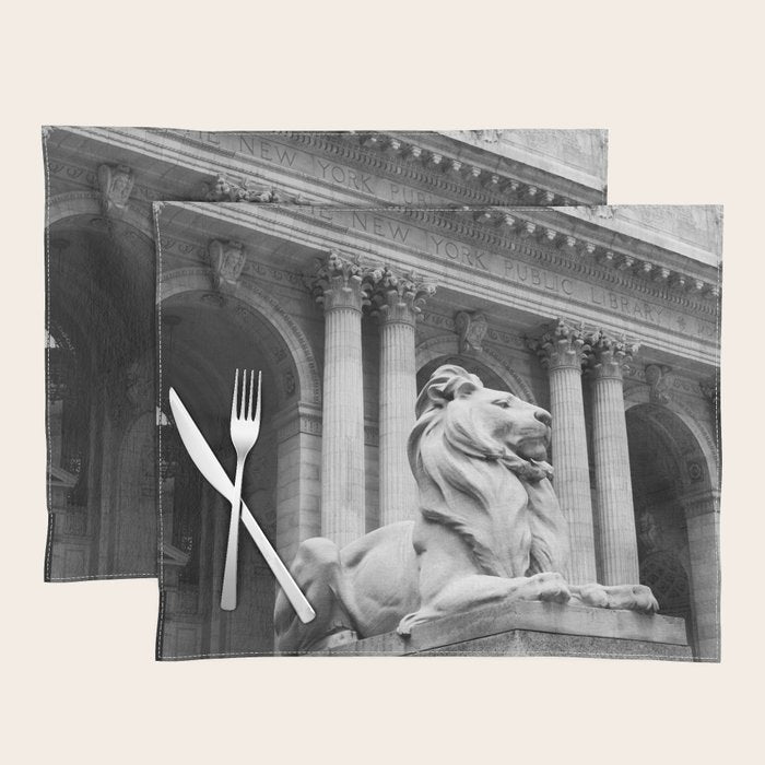 New York Public Library Lion and Facade New York City black and white photograph Placemat Gallery Image 1
