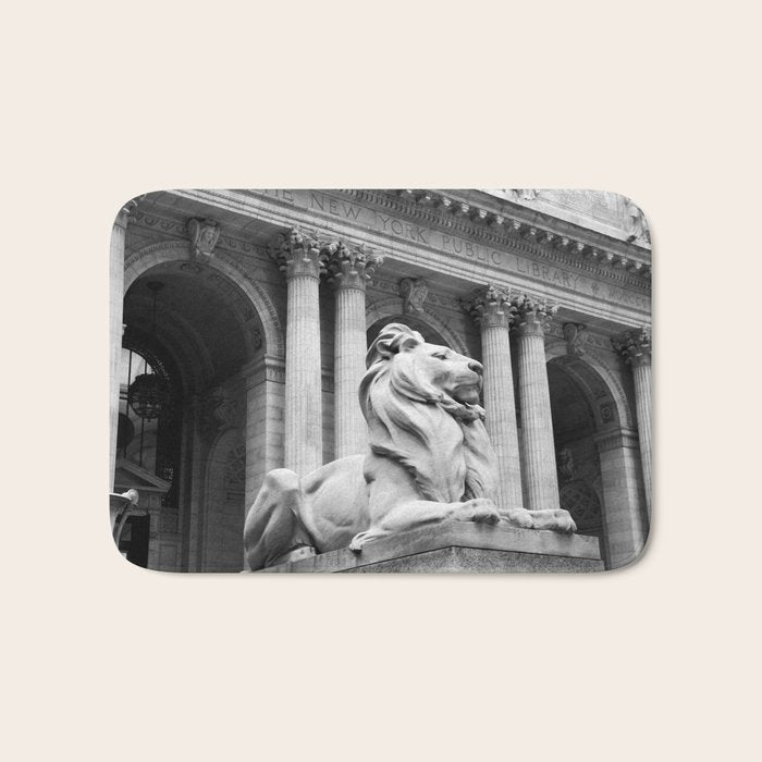 New York Public Library Lion and Facade New York City black and white photograph Bath Mat Gallery Image 1