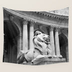 New York Public Library Lion and Facade New York City black and white photograph Wall Tapestry Gallery Image 4