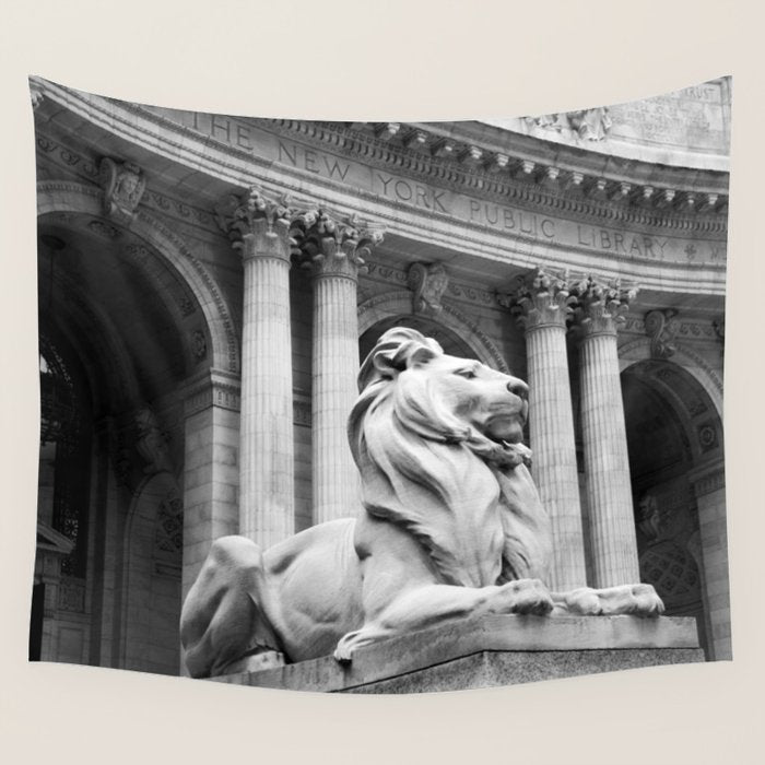 New York Public Library Lion and Facade New York City black and white photograph Wall Tapestry Gallery Image 4