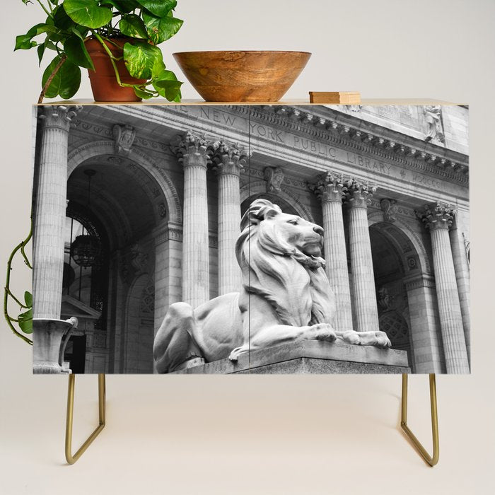 New York Public Library Lion and Facade New York City black and white photograph Credenza Gallery Image 1