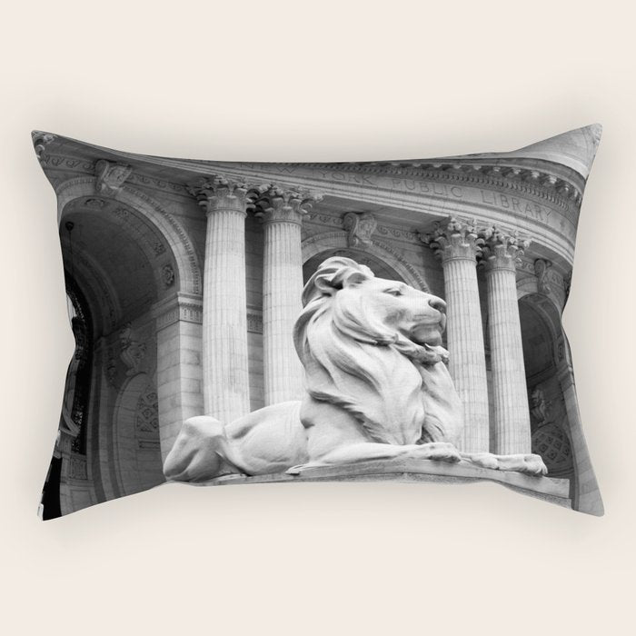 New York Public Library Lion and Facade New York City black and white photograph Rectangular Pillow Gallery Image 2