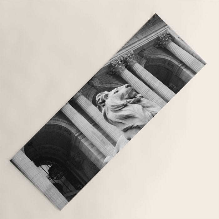 New York Public Library Lion and Facade New York City black and white photograph Yoga Mat Gallery Image 1