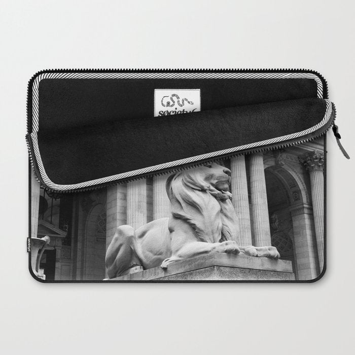 New York Public Library Lion and Facade New York City black and white photograph Laptop Sleeve Gallery Image 2