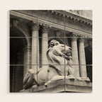 New York Public Library Lion and Facade New York City black and white photograph Wood Wall Art Gallery Image 1