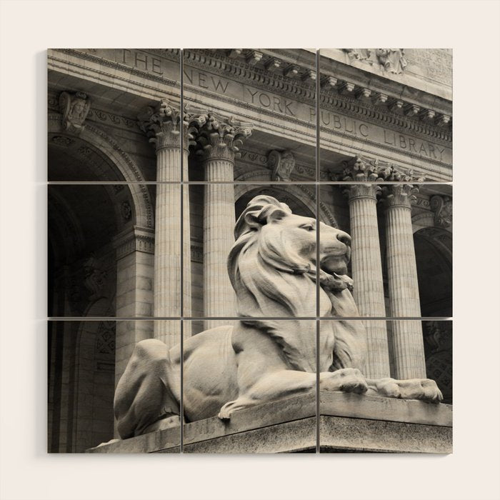 New York Public Library Lion and Facade New York City black and white photograph Wood Wall Art Gallery Image 1