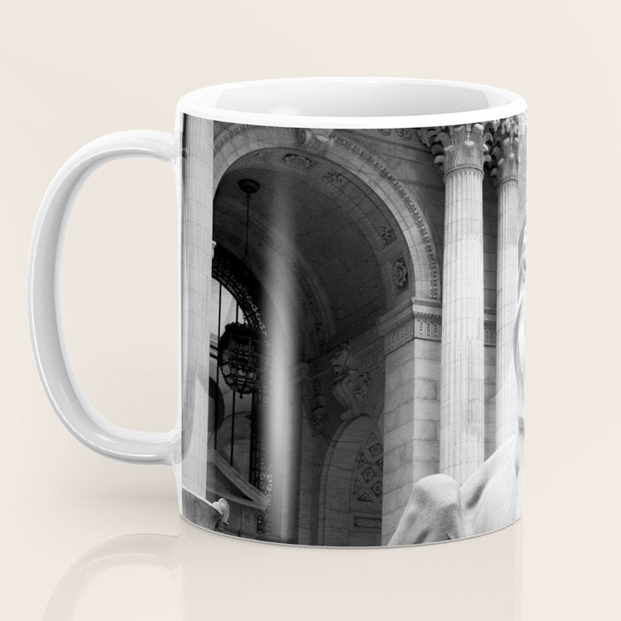 New York Public Library Lion and Facade New York City black and white photograph Coffee Mug Gallery Image 3