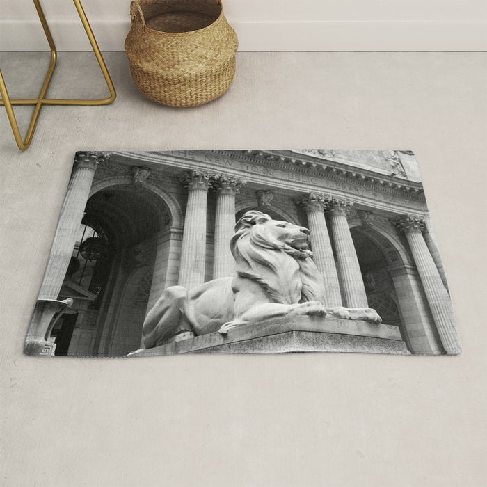 New York Public Library Lion and Facade New York City black and white photograph Rug Gallery Image 1