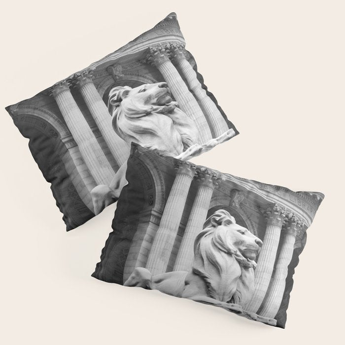 New York Public Library Lion and Facade New York City black and white photograph Pillow Sham Gallery Image 1