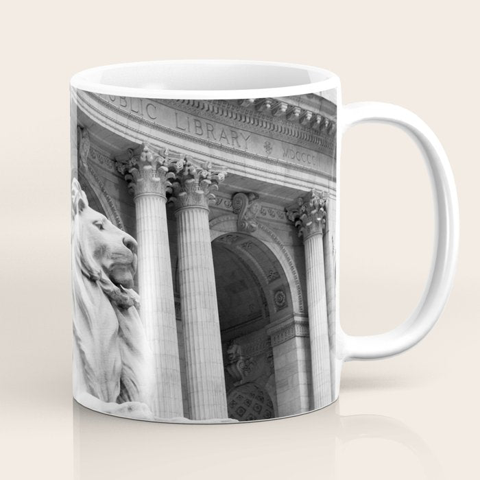 New York Public Library Lion and Facade New York City black and white photograph Coffee Mug Gallery Image 1