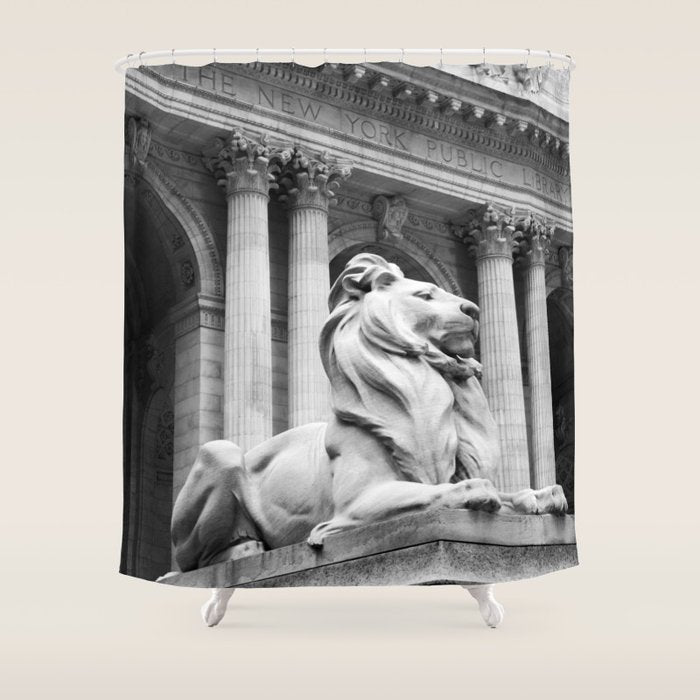 New York Public Library Lion and Facade New York City black and white photograph Shower Curtain Gallery Image 1