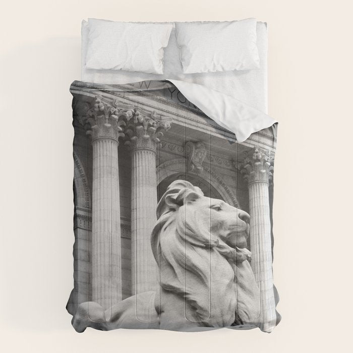 New York Public Library Lion and Facade New York City black and white photograph Comforter Gallery Image 6