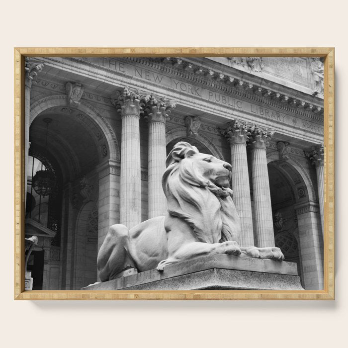 New York Public Library Lion and Facade New York City black and white photograph Serving Tray Gallery Image 1