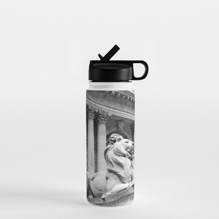 New York Public Library Lion and Facade New York City black and white photograph Water Bottle Gallery Image 1