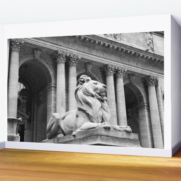 New York Public Library Lion and Facade New York City black and white photograph Wall Mural Gallery Image 2