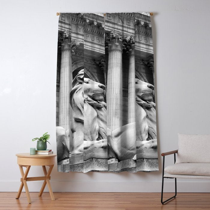 New York Public Library Lion and Facade New York City black and white photograph Window Curtain Gallery Image 1