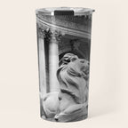 New York Public Library Lion and Facade New York City black and white photograph Travel Mug Gallery Image 1