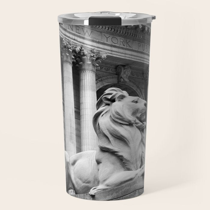 New York Public Library Lion and Facade New York City black and white photograph Travel Mug Gallery Image 1