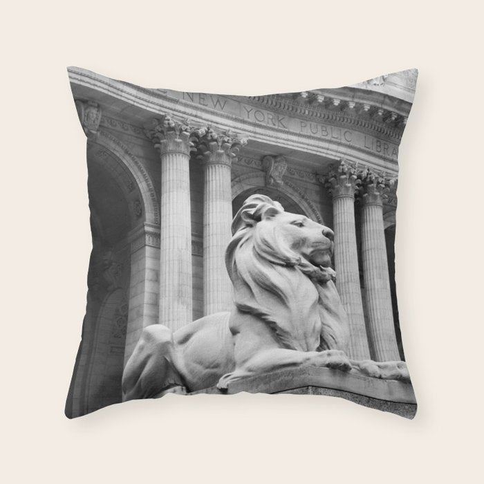 New York Public Library Lion and Facade New York City black and white photograph Throw Pillow Gallery Image 6