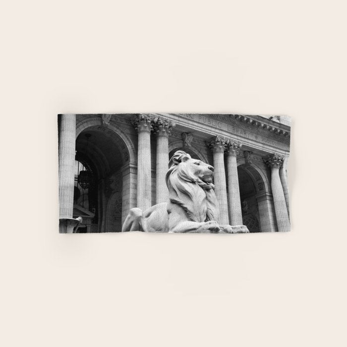 New York Public Library Lion and Facade New York City black and white photograph Bath Towel Gallery Image 1