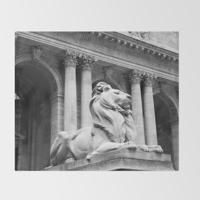 New York Public Library Lion and Facade New York City black and white photograph Throw Blanket Gallery Image 2