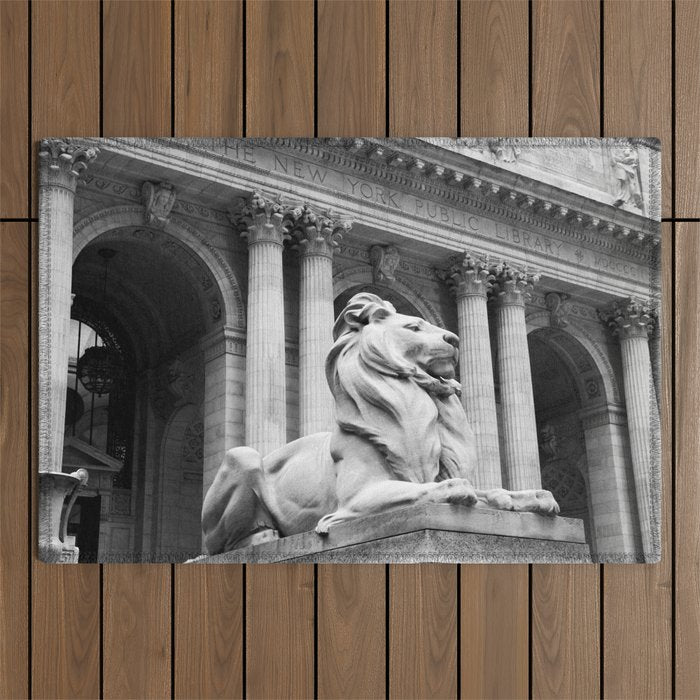 New York Public Library Lion and Facade New York City black and white photograph Outdoor Rug Gallery Image 1